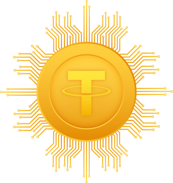 Cryptocurrency logo. Tether in flat style on golden backgrou